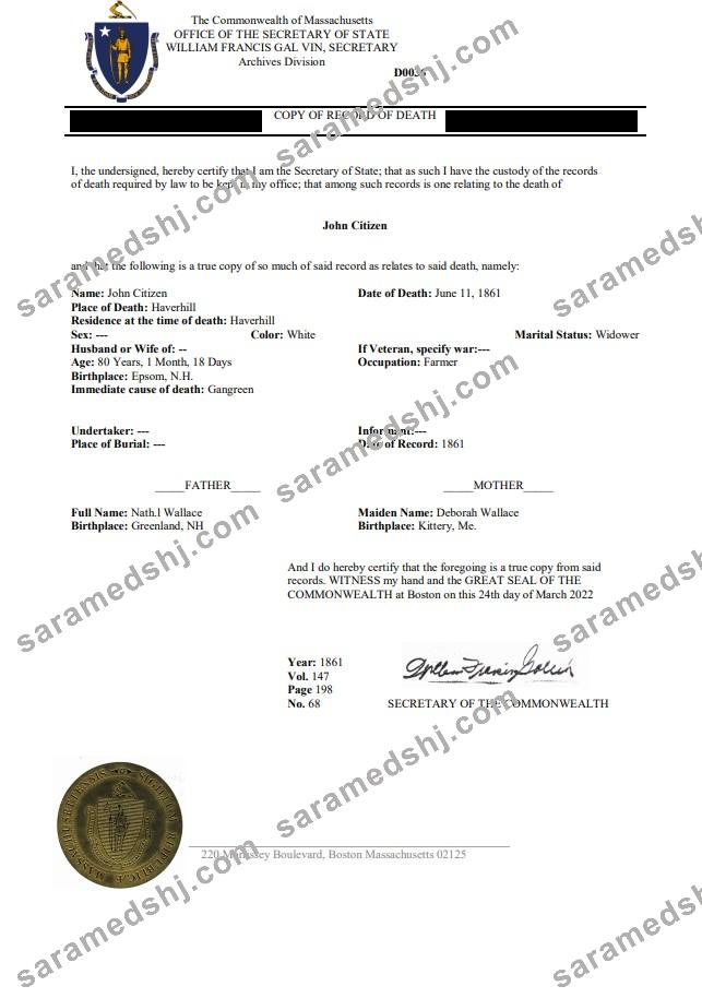 USA Massachussetts Death Certificate